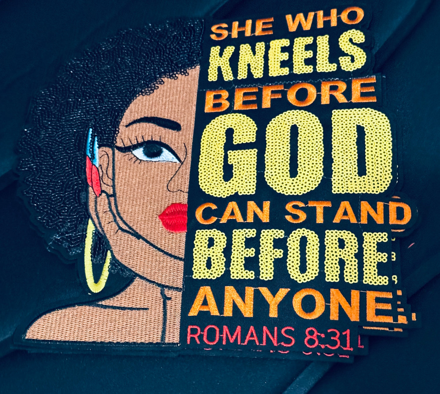 Large Sequin Christian Patch with a African American woman – “She Who Kneels Before God” Romans 8:31 -red or orange patch