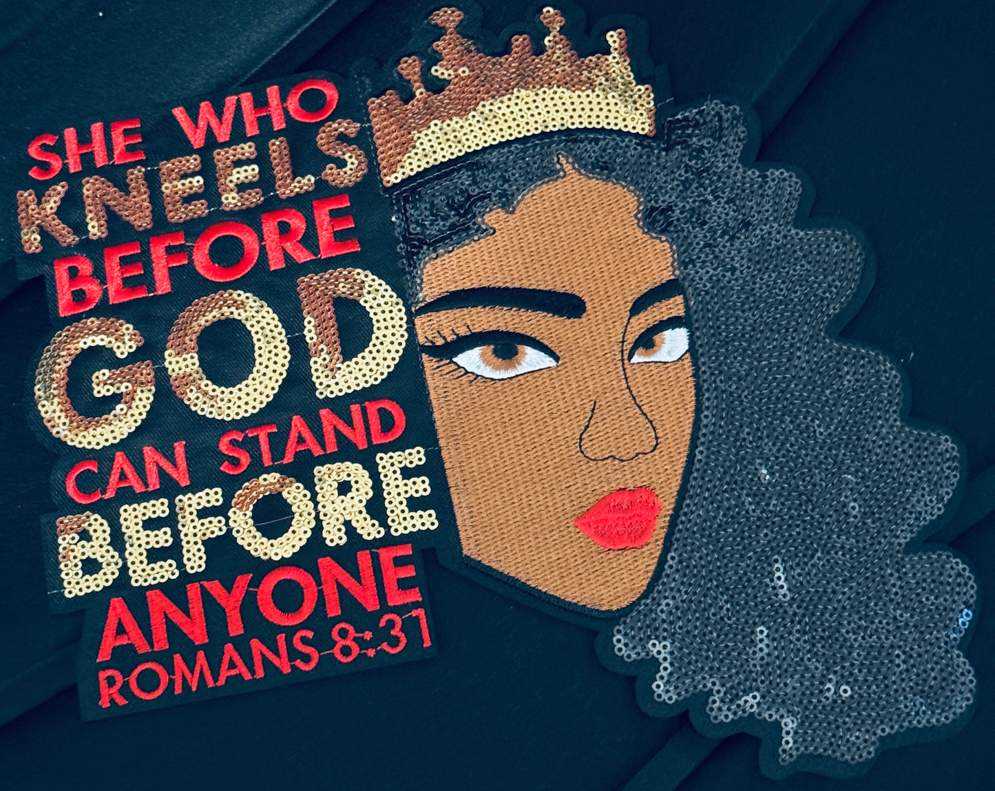 Large Sequin Christian Patch with a African American woman – “She Who Kneels Before God” Romans 8:31 -red or orange patch