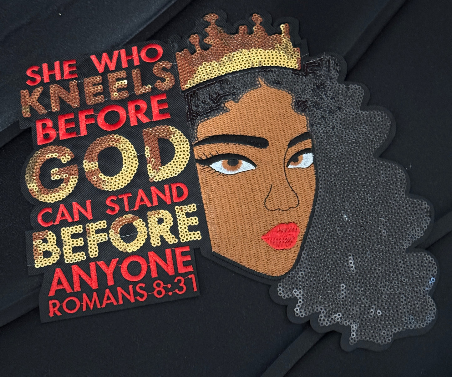 Large Sequin Christian Patch with a African American woman – “She Who Kneels Before God” Romans 8:31 -red or orange patch