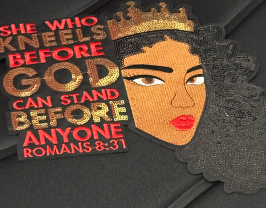 Large Sequin Christian Patch with a African American woman – “She Who Kneels Before God” Romans 8:31 -red or orange patch