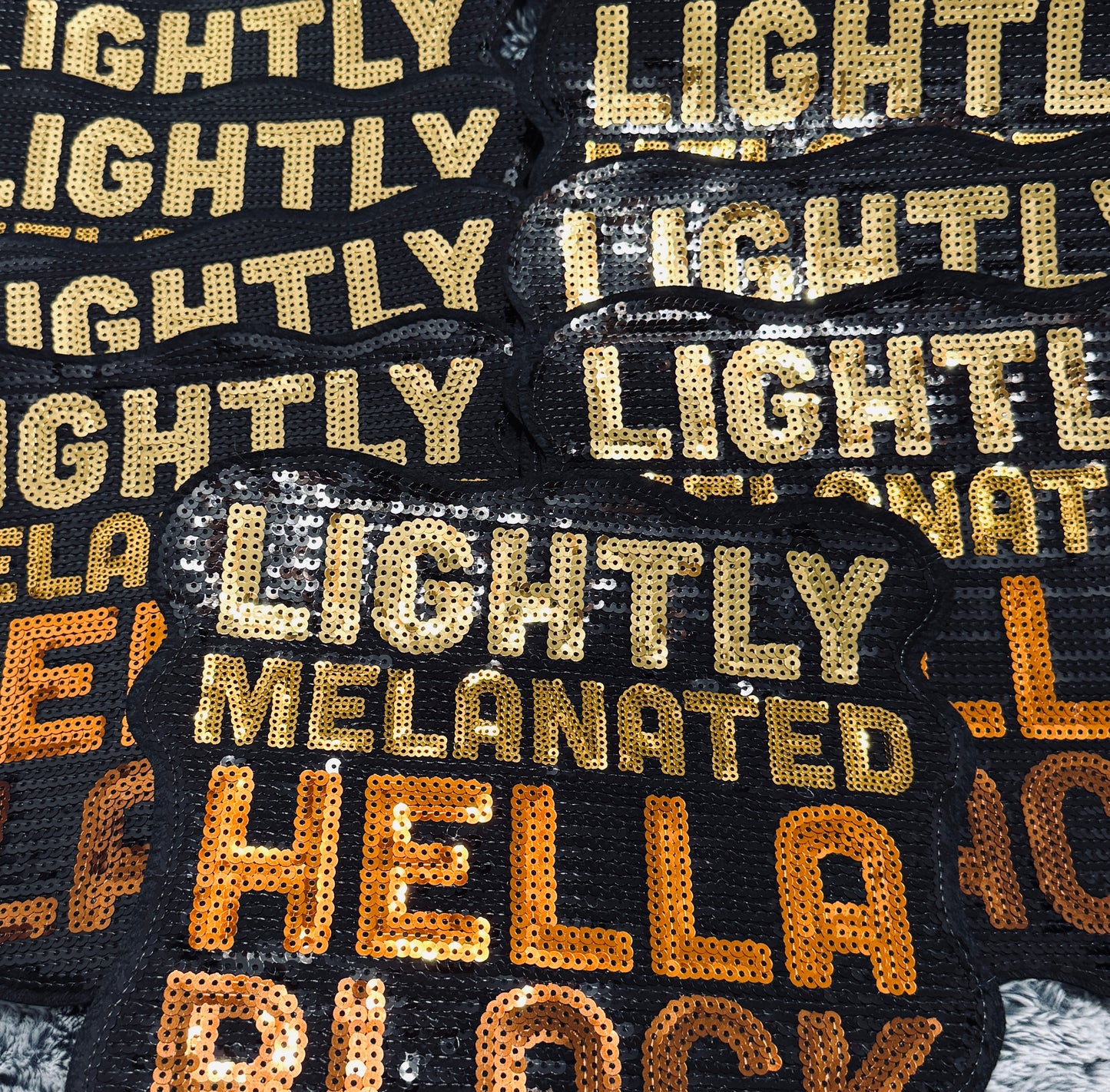 Large "Lightly Melanated Hella Black" sequins patch in fall tones
