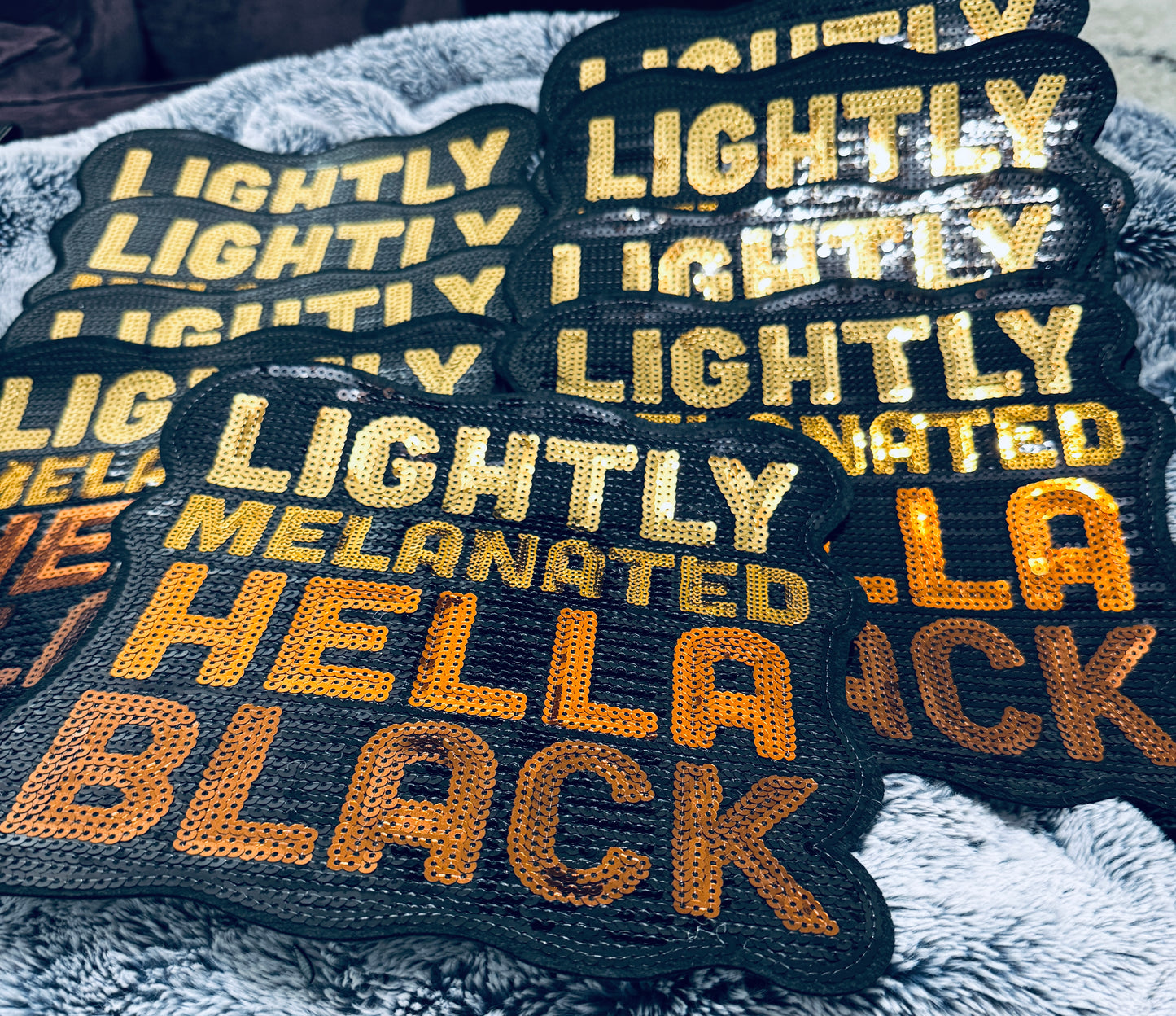 Large "Lightly Melanated Hella Black" sequins patch in fall tones