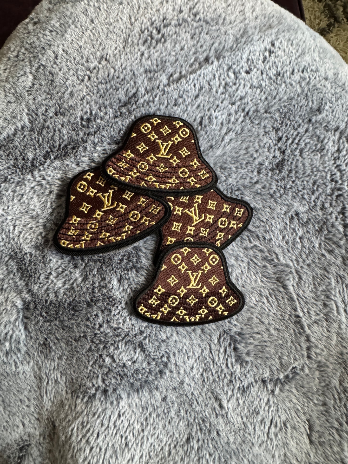 LV inspired embroidery patch with brown bucket hat style