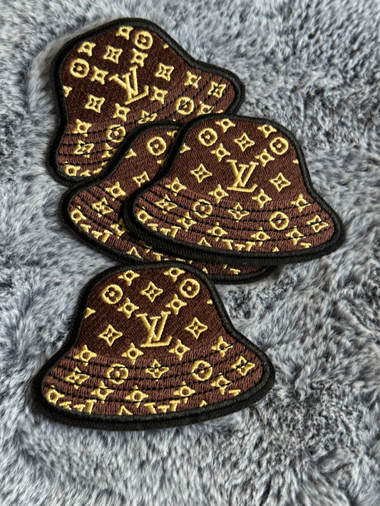 LV inspired embroidery patch with brown bucket hat style