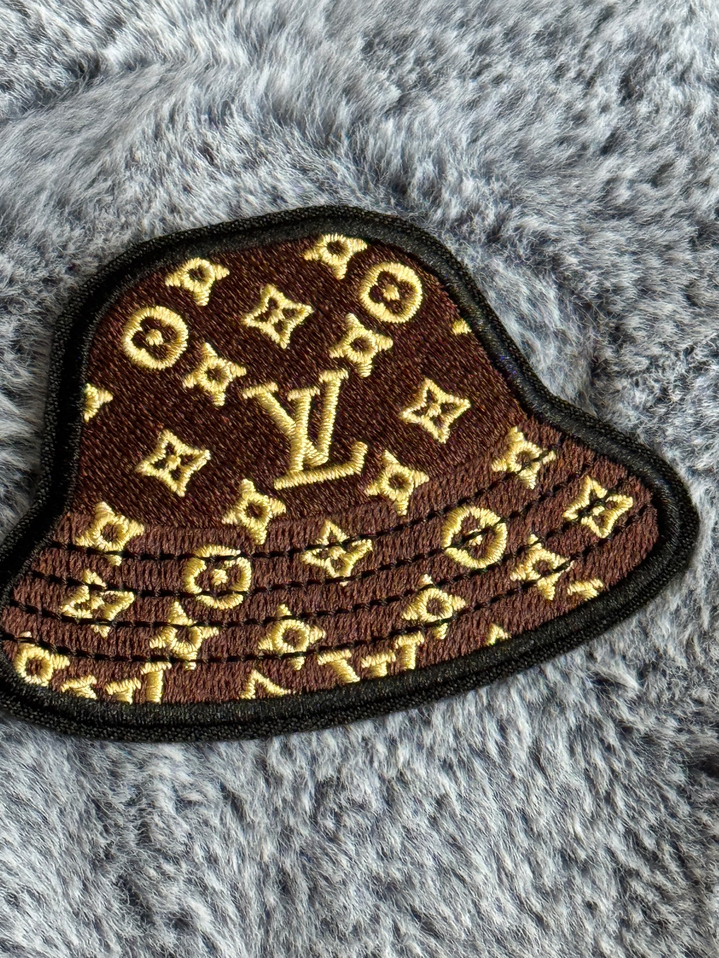 LV inspired embroidery patch with brown bucket hat style