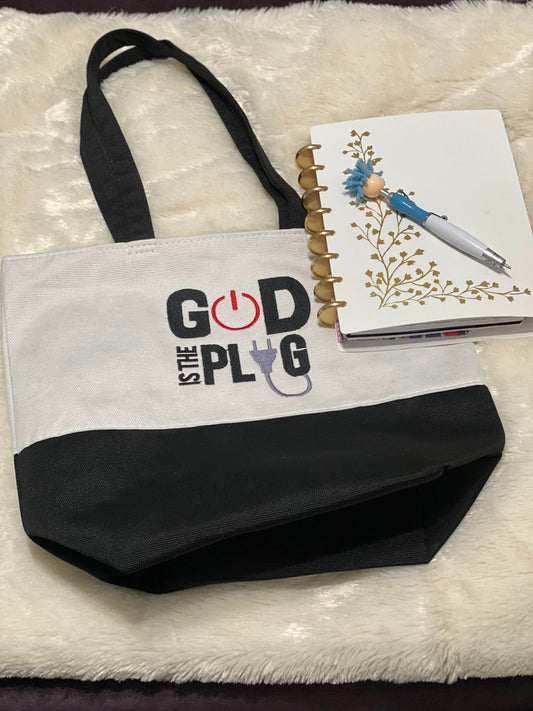 God is the plug embroidery tote bag